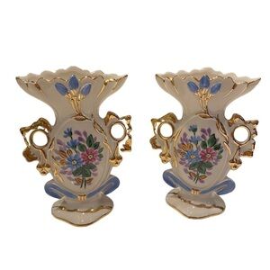 Weisley China Floral Hand Painted Gold Gilded Porcelain Bud Vase Vtg.  Set of 2